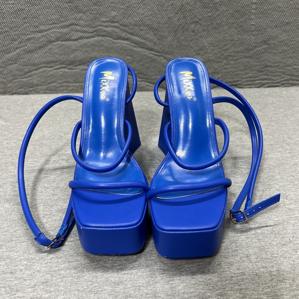 Mixx Shuz Platforms Blue Satin Heels Shoe  Women's Size 8.5 Ankle Wrap Straps - Picture 5 of 14